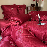 Qfdian  Bow Embroidery Luxury Wedding Bedding Set Red Jacquard Egyptian Cotton Duvet Cover Flat Bed Sheet Pillowcases 4Pcs