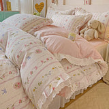 Qfdian 3/4Pcs Pastoral Floral Lace Ruffles 100% Cotton Bedding Set Single Queen Duvet Cover Bed Skirt/Bed Sheet/Fitted Sheet Pillowcase