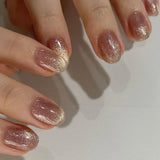 Qfdian 24Pcs Simple False Nails with Glue Short Almond Fake Nails Glitter Aurora Round Head Full Cover Nail Tips Oval Press on Nails