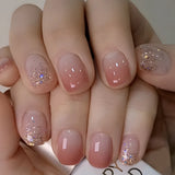 Qfdian 24Pcs Nude Pink Nail Tips Short Round Head False Nails with Design Wearable Finished Fake Nails Full Cover Press on Nails