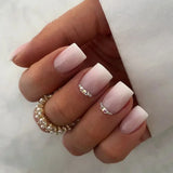 Qfdian  24Pcs Short Square Nude French Tip Press On Nails Set Reusable Acrylic Full Cover Fake Nail with Glue for Women&Girls Decoration