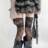 Qfdian 2025 Women Flower Lace Fishnet Thigh High Stockings Japanese Style JK Girl Sweet Lace Trim Frilly Over Knee Long Socks