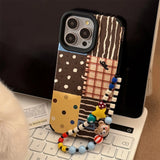 Qfdian  Retro Polka-Dot Patchwork Phone Case,For IPhone 17 16 Pro Max Case 15 14 13 12 11 ,imitation Leather Lanyard Covers Funda