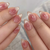 Qfdian 24pcs Simple Almond False Nails Sets Blush Design Press on Nails Art Datachable Short Oval Fake Nail with Jelly Glue Manicure