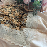 Qfdian  Vintage Floral Print Lace Ruffles Princess Bedding Set Egyptian Cotton Duvet Cover Bed Sheet Pillowcases