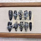 Qfdian  Gothic Elegant Press On Nails Smoky Black Glitter Resin Metal Star Butterfly Accessories Multiple Sizes Easy to Apply Reusable