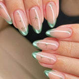 Qfdian 24Pcs 3D Green Ripple Design False Nails Cat's Eye French Almond Fake Nail Tips Leaves Pattern Removable Oval Press on Nails
