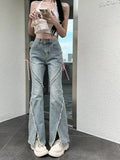 Qfdian  Korean Streetwear Casual Wide Leg Trousers Y2K Vintage High Waist Flare Jeans Women Fashion Bandage Slit Slim Denim Pants Summer