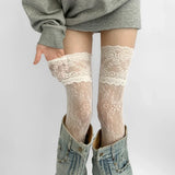 Qfdian 2025 Women Flower Lace Fishnet Thigh High Stockings Japanese Style JK Girl Sweet Lace Trim Frilly Over Knee Long Socks