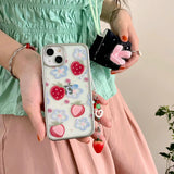 Qfdian 3D strawberry chain painting blue flower fruit phone case for iphone 12 15promax 14pro 13pro 15 pro max ins plating cover coque