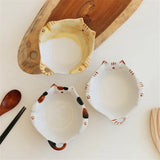 Qfdian  Ceramic salad bowl, creative hand drawn kitten bowl, 330ml/11oz cute fruit salad bowl