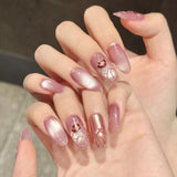 Qfdian  10pcs Handmade Press On Nails Glossy Magic Mirror Pink Cat's Eye Fake Nail Hand-painted Exquisite Flower Charm Almond False Nail