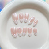 Qfdian Aurora Handmade Press On Nails White Almond French Fake Nails Medium Wearable Manicure Simple Pearl Decoration Finger Nails Art