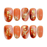 Qfdian  10pcs Handmade Press On Nails Smudging Orange Shiny Gold Foil Designs Fake Nails Court Style Japenese False Nail For Women Girls