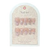 10Pcs Pink Handmade Press on Nails Full Cover Bow Tie Rhinestone Design French Fake Nails Wearable Manicure Nail Tips Art