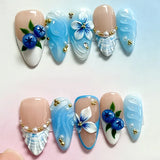 Qfdian  24pcs Red Cat Eye Press on Nails Pearl Heart Stick on Nails Bow French Fake Nails Sweet Cute Flower Nail Almond 3D False Nail