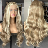 Qfdian Brown Wig with Ash Blonde Highlights Synthetic Hair Long Wavy Loose Body Wave Streaks Money Piece 13X4 Frontal Wigs for Women