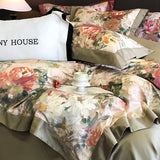 Qfdian 1000TC Egyptian Cotton Vintage Oil Painting Style Flowers Print Bedding Set Duvet Cover Flat/Fitted Bed Sheet Pillowcase 4Pcs
