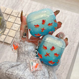Qfdian sea blue goldfish pattern silicone wave earphone case for airpods 1 2 3 4 pro pro 2 protection cover lovely  koi fish pendant