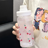 Qfdian  Kawaii Cherry Frosted Plastic Water Bottle With Straw Leak Proof Portable School Clear Juice Milk Tea Drinkware Water Cup 500ML