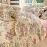 Qfdian  INS Floral Style Bedding Sets Ruffle Lace Bow Quilt Cover Romantic Bedclothes Decor Woman Girls Bedroom Duvet Cover 4pcs