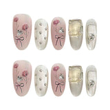 Qfdian  10pcs Handmade Sweet Pink Almond Press on Nails Bowknot Floral Decor Fake Nails Reusable Manicure DIY False Nail Patches