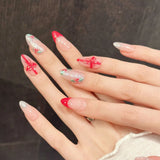 Qfdian  10pcs Handmade Red French Almond Press on Nails Christmas Gift Shiny False Nails Wearable Ins Sweet Fashion Fake Nail Tips