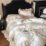 Qfdian 800TC Lyocell Bamboo Fiber Soft Silky Bedding Set Rose Floral Embroidery Lace Ruffles Duvet Cover Flat/Fitted Sheet Pillowcases