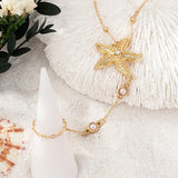 Qfdian  Bohemian Starfish Simulated-pearl Hand Chain Integrated Finger Ring Bracelet For Women's Beach Vacation Accessories