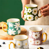 Qfdian  ceramic mug, hand drawn style water cup, 16oz/480ml breakfast cereal coffee cup