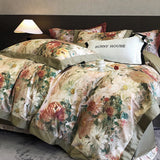 Qfdian 1000TC Egyptian Cotton Vintage Oil Painting Style Flowers Print Bedding Set Duvet Cover Flat/Fitted Bed Sheet Pillowcase 4Pcs