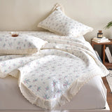 Qfdian  Flower Printed Bed Cover with Lace French Style Washed Cotton Bedspreads Quilted cobre leito de casal Comfortable and Soft