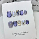 Qfdian  10Pcs Glamorous Purple Cat Eye False Nail Short Square Shape Nail Tips with Gold Foil for Women&Girls Daily Simple Nail Art Wear