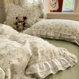 Qfdian Princess Style Lace Ruffles 100% Cotton Bedding Set Floral Pastoral Style Duvet Cover Flat/Fitted Bed Sheet Pillowcases 3/4Pcs