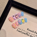 Qfdian  Handmade Fake Nails Pink Strawberry Cute Rabbit Diamond Designed Short Round Press on Nails for Women Girls Daily DIY Manicure