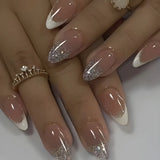 Qfdian 24Pcs Simple French Nails Art Tips Fake Nails 3D Design Wearable Full Cover False Nail Mid-length Almond Reusable Press on Nails