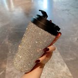 Qfdian  Luxury Rhinestone Tumbler Stainless Steel Thermal Water Bottle Insulated Coffee Mug With Handle Reusable Vacuum Thermal Cup