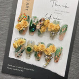 Qfdian 10Pcs High Quality Handmade Press on Nails Palace Retro Style Yellow Carved Emerald Pure Handmade Medium Long Style