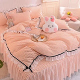 Qfdian Checkered Bedding Set Bed Skirt Ruffle Lace Princess Style Girls Duvet Cover Simple Solid Color Home Textiles Decor Bedroom