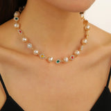Qfdian  Luxury Flowers Beads Choker Necklace Rhinestone Elegant Imitation Pearl Clavicle Chain Jewelry Trendy Shinny Colorful Choker