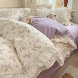 Qfdian Princess Style Lace Ruffles 100% Cotton Bedding Set Floral Pastoral Style Duvet Cover Flat/Fitted Bed Sheet Pillowcases 3/4Pcs