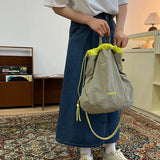 Qfdian Korean Style Solid Color Drawstring Bucket Bag Wrinkle Nylon Crossbody with Large Capacity And Adjustable Shoulder Strap