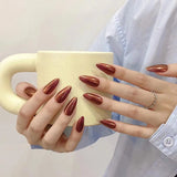 Qfdian 10Pcs Handmade Simple Fake Nail Mid-length Almond Press on False Nails Wearable Round Head Oval Full Cover Nail Tips