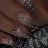 Qfdian  24pcs Long Stiletto Press on Nails Hot Girl Almond False Nails Nude Flower Rhinestones Full Cover Fake Nail Finished Manicure