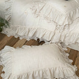 Qfdian 20% Linen And 80% Cotton Double Layer Lace Ruffles Vintage French Bedding Set Duvet Cover Flat/Fitted Bed Sheet Pillowcases 4Pcs