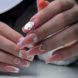 Qfdian 24Pcs Extra Long Square Fake Nail with Glue 3D Little Bear Bow Design False Nails White French Press on Nails Wearable Manicure