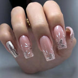 Qfdian 24Pcs Shiny Pearl Wearable False Nails Short Square Fake Nail Simple Summer Press on Nails Detachable Full Cover Nail Tips