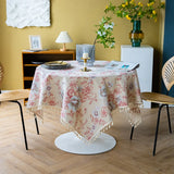 Qfdian Green Leaves Print Round Tablecloth Cotton Linen Boho Table Cloth with Tassels for Kitchen Restaurant Christmas Party Decoration