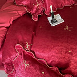 Qfdian  Bow Embroidery Luxury Wedding Bedding Set Red Jacquard Egyptian Cotton Duvet Cover Flat Bed Sheet Pillowcases 4Pcs