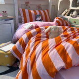 Qfdian  3pcs orange pink stripe Duvet Cover Set (1*Duvet Cover + 2*Pillowcase, Without Core),Bedding Set